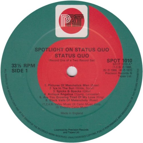 SPOTLIGHT ON STATUS QUO VOLUME 1 Label v1 - Disc 1 Side A