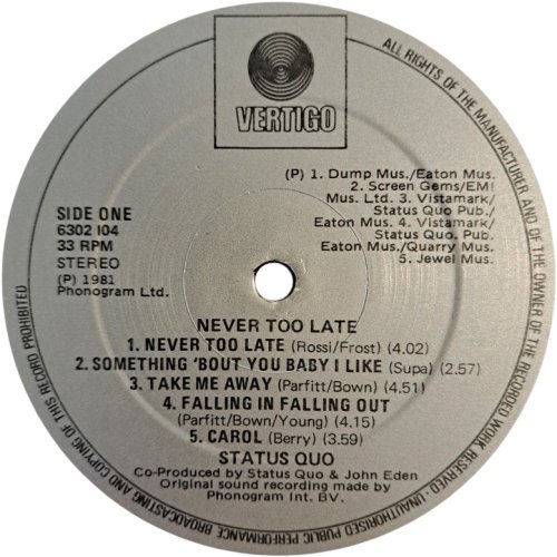 NEVER TOO LATE Label Side A