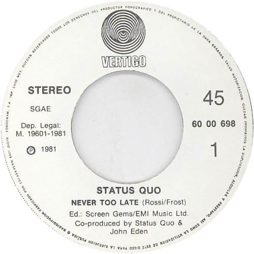 NEVER TOO LATE Label Side A