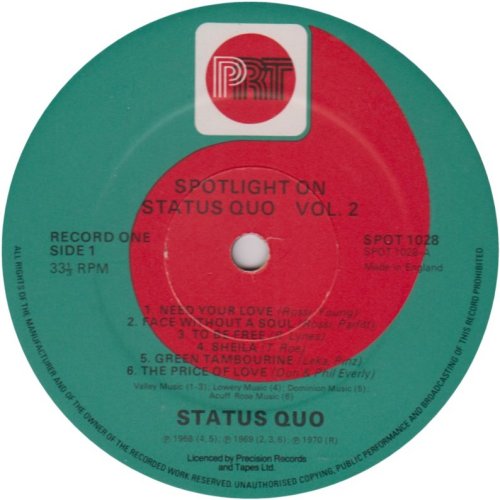 SPOTLIGHT ON STATUS QUO VOLUME 2 Disc One Label Side A