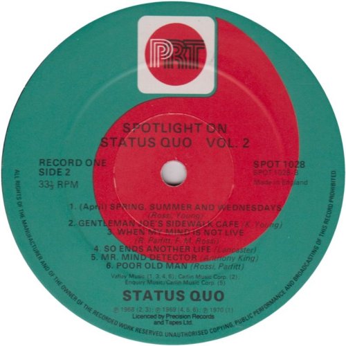 SPOTLIGHT ON STATUS QUO VOLUME 2 Disc One Label Side B
