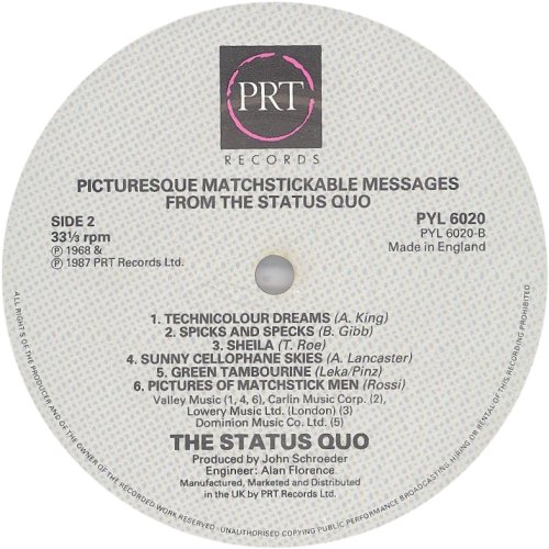 PICTURESQUE MATCHSTICKABLE MESSAGES ... (1987 REISSUE) Standard label Side B