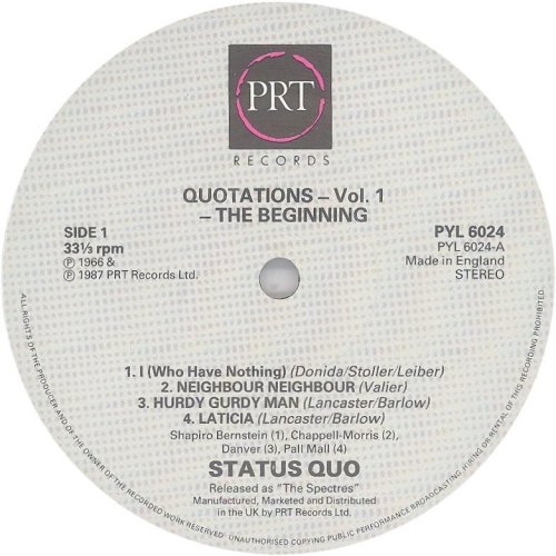 QUO-TATIONS VOL 1: THE EARLY YEARS Standard label Side A