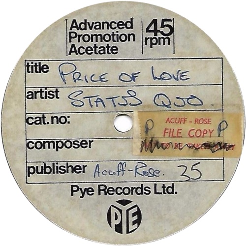 THE PRICE OF LOVE Acetate Label