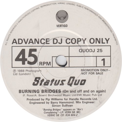 BURNING BRIDGES (ON AND OFF AND ON AGAIN) Promo White Label Side A