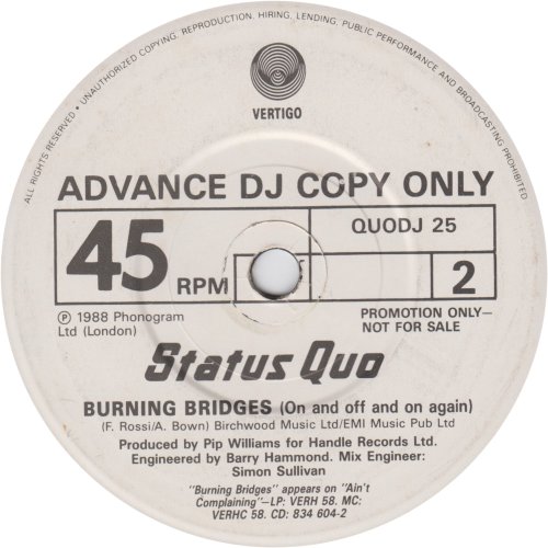 BURNING BRIDGES (ON AND OFF AND ON AGAIN) Promo White Label Side B