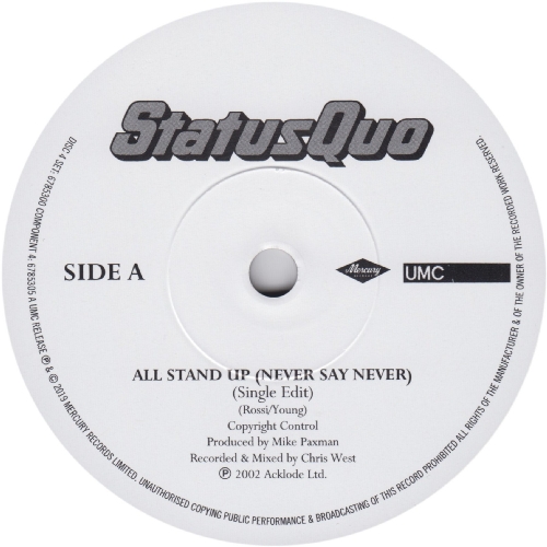 THE VINYL SINGLES COLLECTION 2000-2010 Disc 4: All Stand Up (Never Say Never) Side A