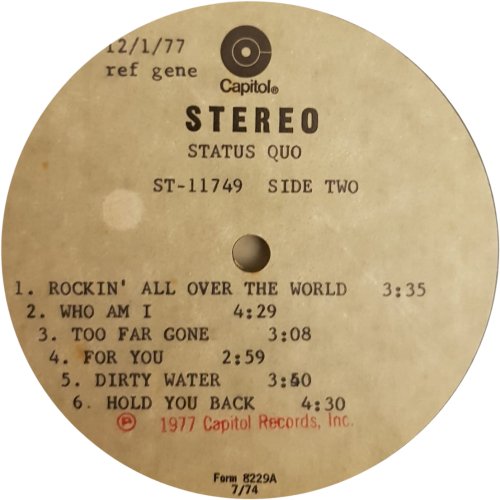 ROCKIN' ALL OVER THE WORLD Acetate Label Side B
