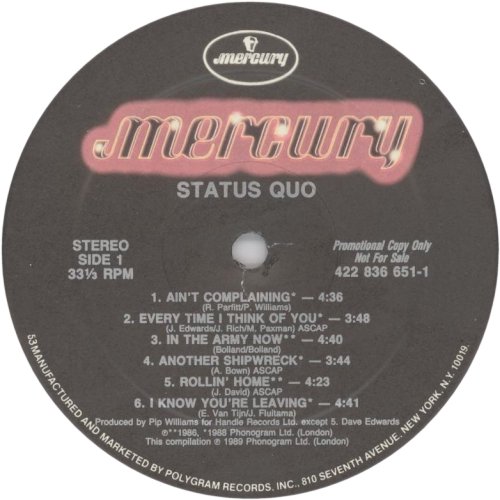 STATUS QUO Promo Label Side A